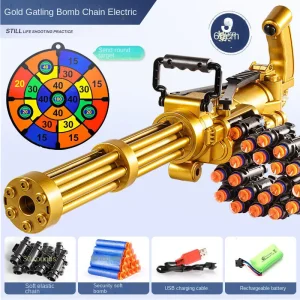 Longer version of the Teng Jiateng toy gun, electric burst fire, golden color, supports assembly and connection.